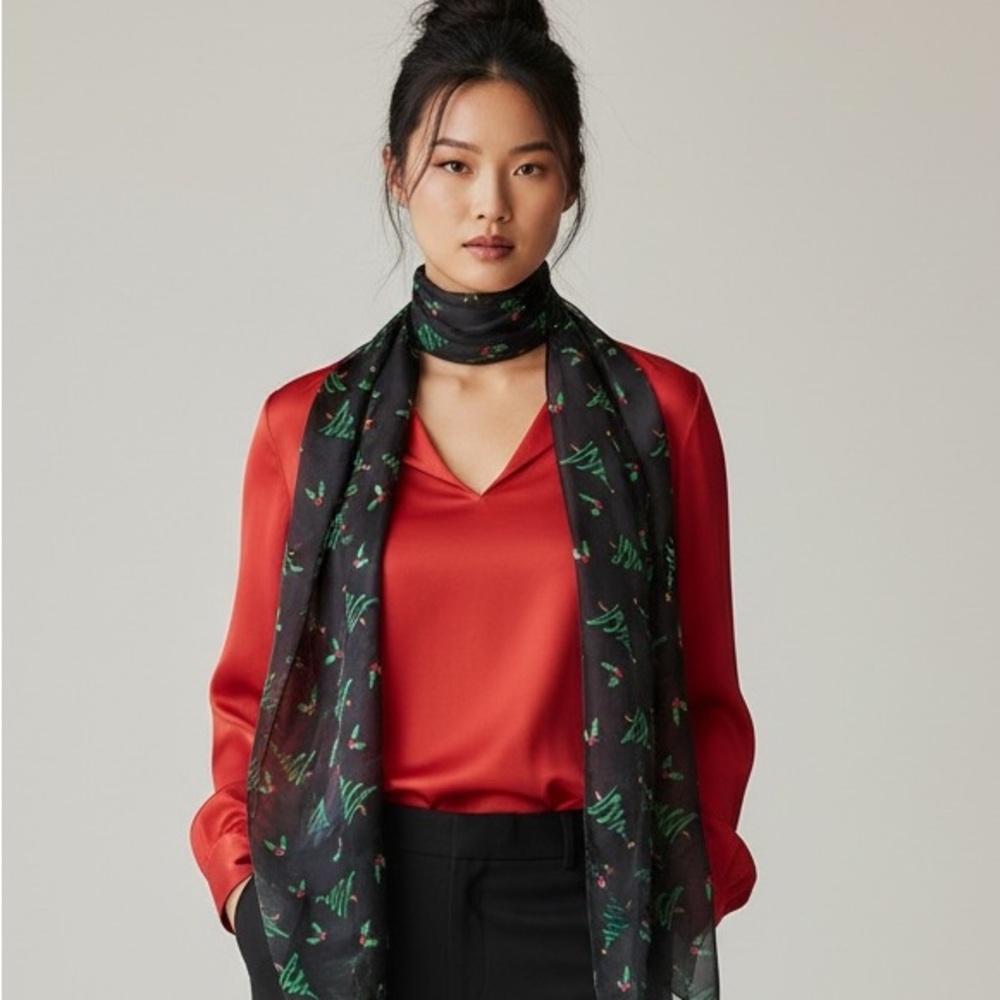 CHRISTMAS TREE & HOLLY PRINT BLACK SHEER SKINNY SCARF Holiday Winter Accessory